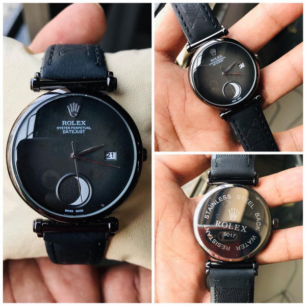 Rolex Moon Black Dial Analog Leather Watch For Womens